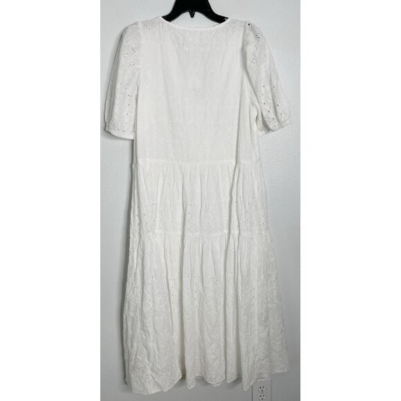 H&M White Eyelet Embroidered Midi Lined Puff Sleeve  Dress NWT Medium - Picture 4 of 5